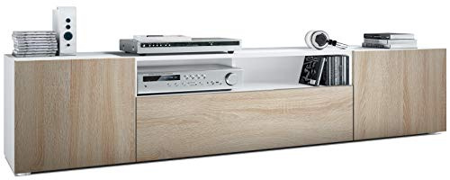 Vladon Lowboard Mogan, TV-Kommode mit 2 Türen, 1 Klappe und 1 offenes Fach, Weiß matt/Eiche Sägegrau (181 x 39 x 35 cm)