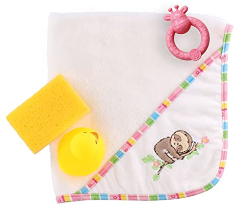 Heless 279 - Puppen-Pflegeset, 4 teilig, Kapuzenbadetuch inklusive Zubehör, Faultier Flauschi, für Puppengröße 38 – 45 cm