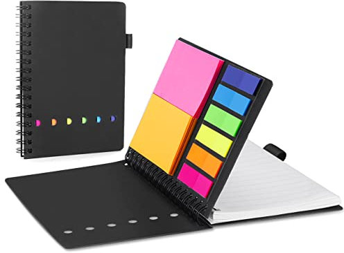 AGPTEK Carnet à Spirale avec Notes Colorées, Bloc Note Carnet de Poche avec Couverture Kraft, Cahier Spirale avec Porte-Stylo (Stylo Non inclus) et Notes Autocollantes pour Étude et Bureau-Noir