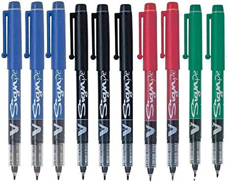 PILOT 10 x V Sign Pen Pens (3 Blue, 3 Black, 2 Red, 2 Green)