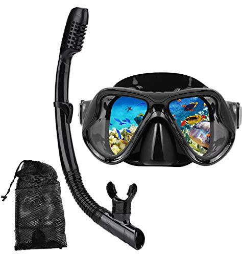 DIPUKI Schnorchelausrüstung für Erwachsene, Schnorchelmaske, Tauchmaske, Trockenschnorchel, Schwimmbrille, Schwimmmaske, Nasenschutz, Jugendliche, freies Tauchen (schwarz)