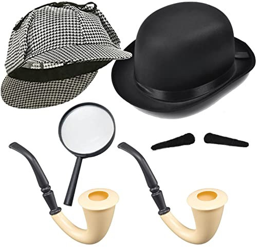 Dreamzfit - Erwachsenenkostüm im viktorianischen Stil, Detektiv- und Assistentenkostüm, Zubehör, 6-teiliges Set, Sherlock Holmes Secret Agent Outfits, Grau/Schwarz, Einheitsgröße