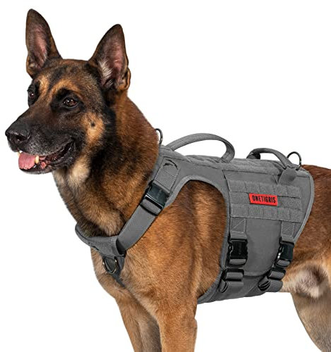 OneTigris Metallschnalle Hundegeschirr, Metall Taktisches Hundegeschirr Grosse Hunde, Verstellbar Brustgeschirr Mittelgroße Hunde 2 Griffe 3 Edelstahl D-Ring Grau XL