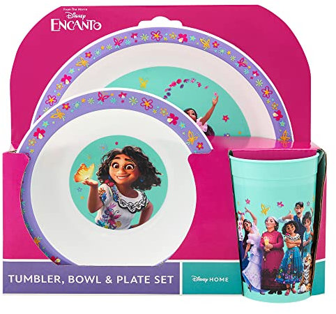 Disney Encanto Kids Tableware Set – 3 Piece Reusable PP Plate, Bowl & Cup for Children - Tumbler & Dinnerware Set for Mealtimes – for 24 Months & Up,Purple, Green, Pink