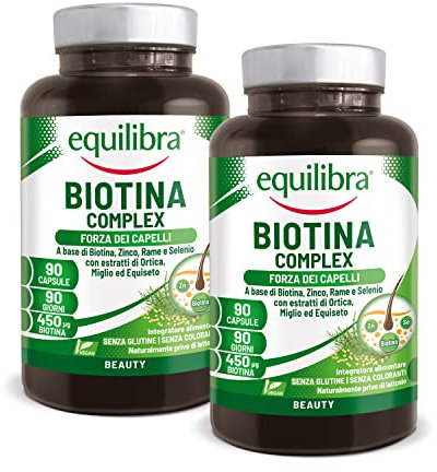 Equilibra Integratori Alimentari, Biotina Complex, Benessere di Capelli e Unghie, Integratore Altodosato con Biotina, Zinco, Rame, Selenio, Estratti di Ortica, Miglio, Equiseto, 2 Pezzi da 90 Capsule