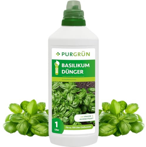 Purgrün® Bio-Basilikum-Dünger 1 Liter – Organische Rezeptur – Premium-Flüssigdünger – NPK 4+1+7 – Mit Algenextrakt & Vinasse – Extra Kalium für buschiges Wachstum – Ohne tierische Inhaltsstoffe