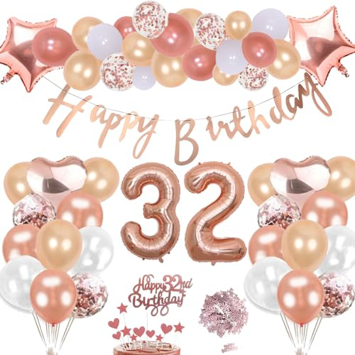 32 Cumpleaños Decoración Oro Rosa Kit Para Niña, Inflables Estrellas Corazón Numeros Gigantes Helio Globos Feliz Cumpleaños Decoración de la Torta Confeti Mesa Regalo Para 32 Años Mujer Hombre Fiesta