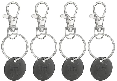 PATIKIL Shopping Trolley Token Key Ring, 4 Pack Stainless Steel Grocery Cart Remover Coin Keychain Unlock Release Key for Meters, Change, Black