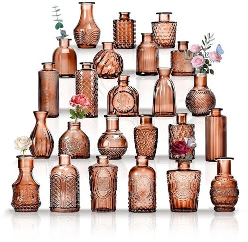 Små glasvaser set med 24, för bordsdekoration, bröllop, mottagning, hem, vintageflaskor, transparent, dekorativa glasvaser med lock (24, bärnsten)