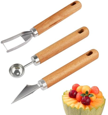zzqclp Set scavino per Melone con Manico in Legno, Kit Taglia Frutta in Acciaio Inossidabile, Coltello per Anguria 3 in 1, Kit Multifunzione per intagliare Frutta per Gadget da Cucina
