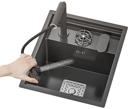 Black Single Bowl Kitchen Bar Space-Saving Invisible Sink RV Single Bowl with Cover Small Embedded Siphon Sink Stainless Steel Multi-Function Faucet(2)