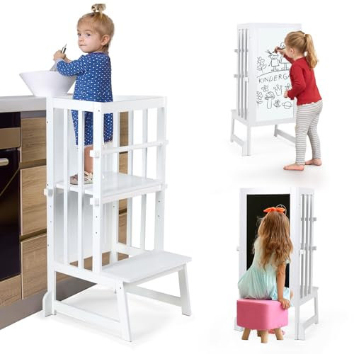 3 Stufen Höhenverstellbar Lernturm und Tritthocker für Kinder, A förmiger Struktur, Sicherheitsgeländer, Für Kinder im Alter von 18-36 Monaten, Montessori Küchenhelfer, Bambusholz,Weiß