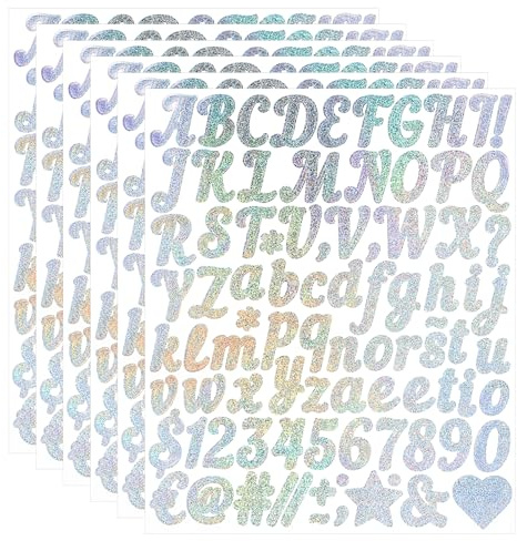 Giantree Juego de pegatinas de 6 hojas de letras y números, pegatinas adhesivas de 2,5 cm con letras de brillo, pegatinas de vinilo impermeables autoadhesivas para el buzón de cumpleaños de boda DIY