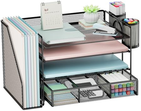 Restorgan Classic Black Desk Organiser with File Holder, 4-Tier, Drawer and Pen Holders