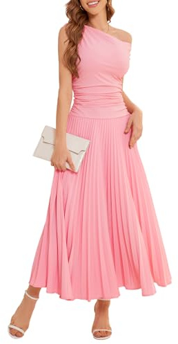 Bbonlinedress formell maxi bal en axel veckad cocktailklänning kvinnor bröllop gäst sommar daglig lång festklänningar, Rosa, XL