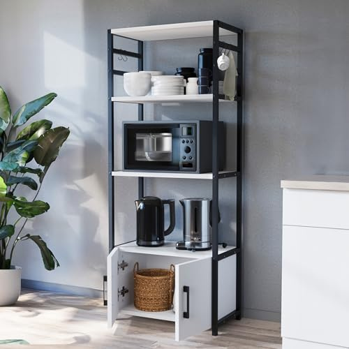 [en.casa] Estantería de Cocina Arhuni para Utensilios Microondas Armario con 3 Compartimientos Abiertos y 2 Puertas Organizador Mueble de Cocina Metal 139 x 56 x 30 cm - Blanco