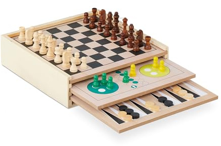 Relaxdays Spielesammlung, 7 Brettspiele aus Holz, Schach, Ludo, Backgammon, Gesellschaftsspiele, Spiele Klassiker, bunt