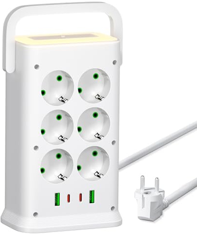 12 Fach Mehrfachsteckdose mit 4 USB und Licht,16 IN1 Steckdosenleiste mit Schalter Steckerleiste Überspannungsschutz Steckdosenturm Verlängerungskabe 2m für Zuhause,Büro
