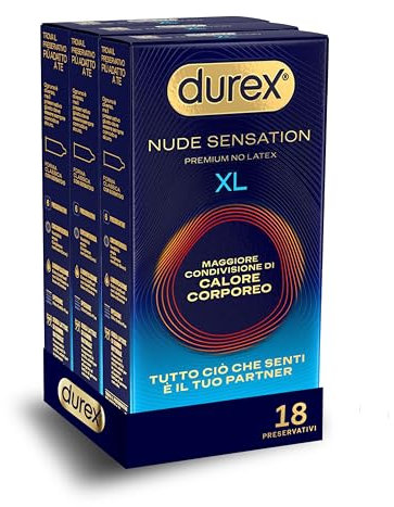 Durex Nude Sensation XL, 18 preservativi uomo in Nitrile, senza lattice di gomma naturale, ultima generazione, ultra sottili ed extra lubrificati, per una maggiore condivisione di calore corporeo
