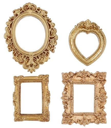 NICENEEDED 4 PCS Mini Vintage Resin Picture Frame, Gold Small Picture Frames, Oval Rectangle Wall Hanging Antique Photo for Jewelry Display Holiday Party Hotel Decor