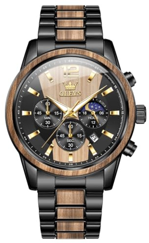 OLEVS Montre chronographe Homme à Quartz Japonais : Bracelet en Bois Massif ou Acier Inoxydable, étanche, Classique et élégante - Cadeau Parfait pour Homme, Bois de zébrano 3645