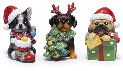 Hodao Christmas Puppy Figurines Set of 3 – Mini Resin Dog Ornaments with Santa Hat, Reindeer Antlers & Gift Box – Tabletop Decor for Indoor Home Office Decorations, Cute Holiday Winter Gift
