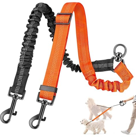 JOVYTH Guinzaglio Doppio Per Cani, Senza Grovigli 360° Girevole, Riflettente Regolabile Ammortizzante Per Cani Piccoli, Medi E Grandi, Nero E Arancione