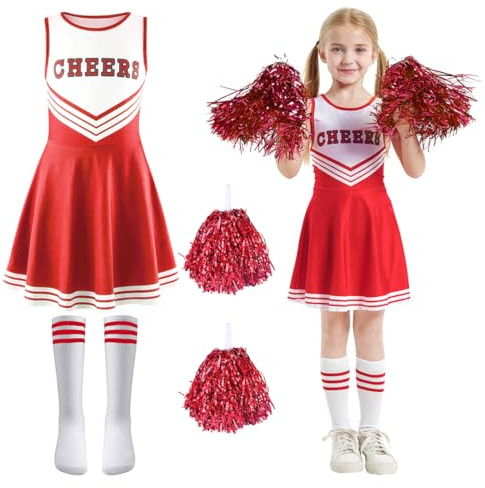 Aurasky Cheerleader Costume per Niñas, Vestito Cheerleader con Calzini e PON PON, Costume da Cheerleader per Ragazzine, Uniforme da Cheerleader Bambini Regalo per Carnevale Halloween Cosplay Festa
