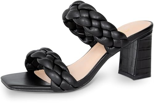 Athlefit Women's Braided Heeled Sandals Summer Square Open Toe Slip on Block Black Heels Size 8