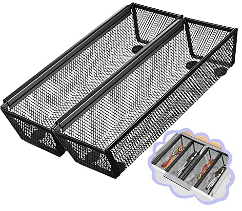 Fodofodo 2PCS Drawer Organizer for Kitchen,Utensil Mesh Drawer Organizer with Interlocking Arm for Cosmetic,Flatware,Pen (9 * 3 * 2 Inches,Black)