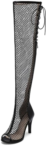 Roimaash Fashion Women Thigh High Boots Mesh Summer Boots Overknee Gladiator Sandals Peep Toe Lace Up Stiletto Heels Party Dress Mesh Shoes Black Size 39