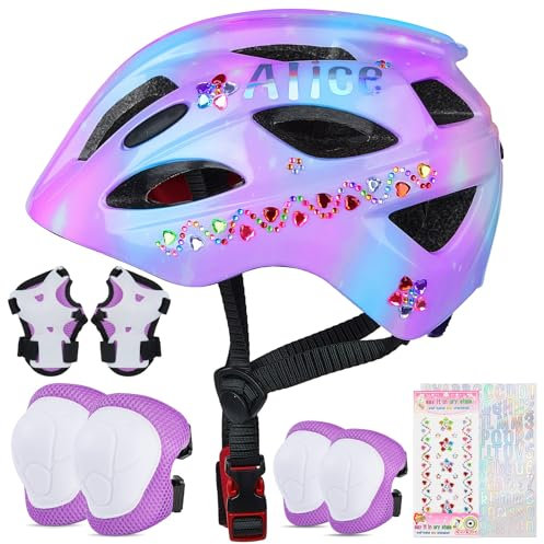 EllaSeek Kinder Fahrradhelm Knieschoner Protektoren Set Ellenbogenschützer Handgelenkschoner für 3-8 Jahre Mädchen Helm Skaterhelm mit DIY Aufklebern Für Jungen Skates Rollschuhe Skateboard Fahrrad