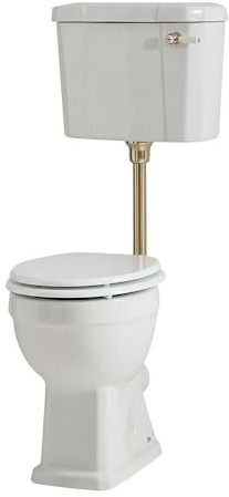 MILANO Low Level Cistern Toilet Brushed Brass Flush Kit White Seat | Ceramic & Brass Construction. Engineered Wood Seat. Traditional Style. Low Level Cistern Design. Ceramic Flush Handle.