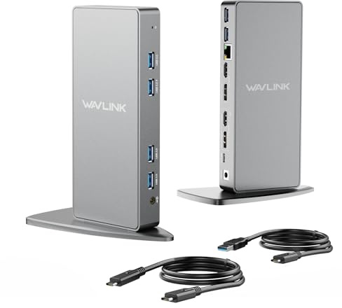 WAVLINK Estación de Acoplamiento Displaylink USB-C Universal con 2 Puertos HDMI y DP, Gigabit Ethernet, 6 Puertos USB 3.0, Audio, micrófono, Compatible con Mac OS y Windows