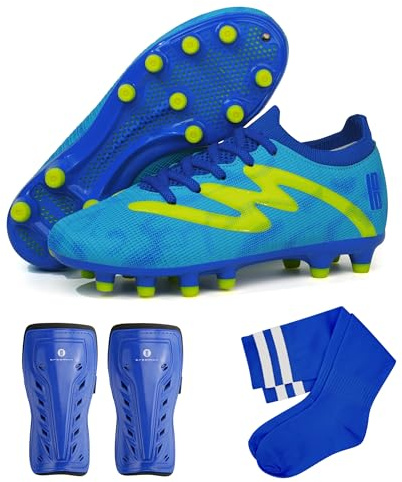 brooman Kids Firm Ground Soccer Cleats Boys Girls Football Shoes with Shin Guards and Soccer Socks (13,Blue)