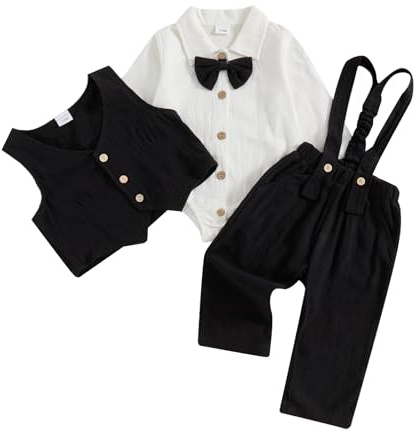 JCOPLY Baby Boy Gentleman Outfit Long Sleeve Bow Tie Romper Button Waistcoat Suspenders Trousers 3Pcs Newborn Clothes Birthday Wedding Formal Suit (Black, 12-18 Months)