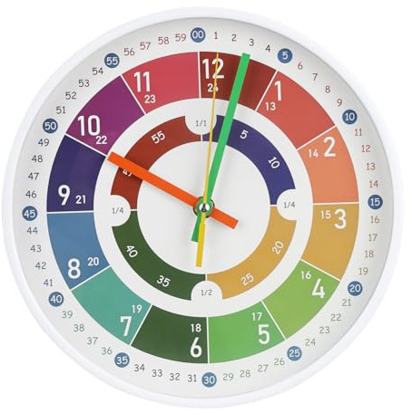 BAKBRAND Kids Wall Clock Telling Time Silent Non-Ticking Learning Clock Colorful Teaching Wall Clocks Round Plastic Analog Educational Decor Clock for Classroom, Playroom, Bedroom(EDU2-White, 10 inch)