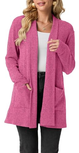 GRECERELLE Womens Long Cardigans Open Front Lightweight Elegant Casual Cardigan Ladies Shawl Neck Jumpers for Women UK with Pockets, Fall, Winter, Spring (Rose Red, L)