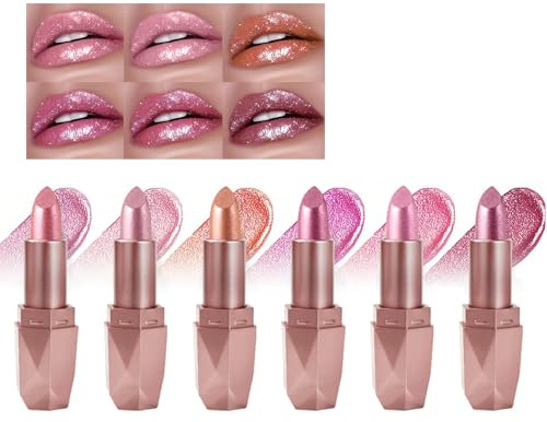 6 Pcs Metallic Glitter Lipstick for Women, Long Lasting Shimmer Lipstick Set, Nude Pink, Dark Rose, High Pigment, Long Lasting, Hydrating, Non-Stick, Non-Feather, Lip Stick Kit for Women & Girls