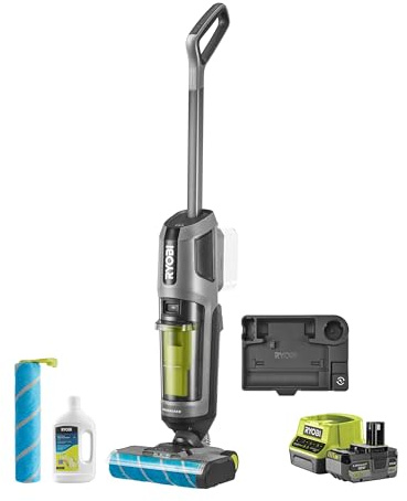 RYOBI Lavasciuga Pavimenti Senza Fili 18V 3-in-1, Doppio Serbatoio Acqua Pulita/Sporca, Motore Brushless, Batteria 4.0 Ah e Caricabatterie Inclusi, RASV18BL-1C40GL