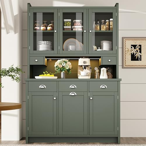 DHHU Meuble de Cuisine avec LED éclairage, Buffet Haut avec 5 Portes, 5 Tiroirs, Compartiment Poubelle, Plan de Travail, étagères réglables, Armoire de Rangement Haute pour Salon, Cuisine (Vert-13D)