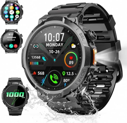 Soudorv Montre Connectée Homme, Militaire Smartwatch avec LED Lampe, Noir