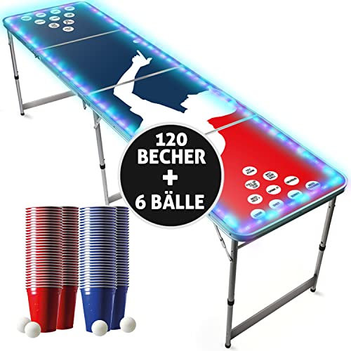 Beer Pong Offizieller Player Flash Tisch Set | LED-Beleuchtung | Inkl. 1 leuchtender Tisch + 120 53cl Becher (60 Rot & 60 Blau) + 6 Ping-Pong-Bälle | Trinkspiele | OriginalCup®