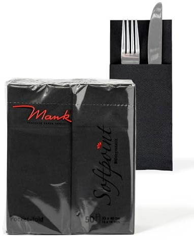 Mank Lot de 50 Serviettes à Couverts en Softpoint Pub - Avec Poches et Fente - Pliées en 1/8 - Pour la Restauration et les Célébrations - Noir