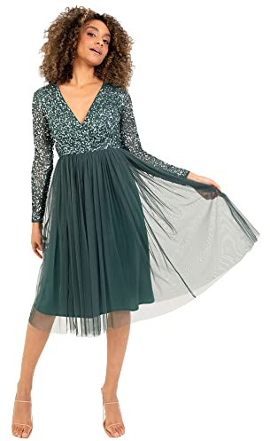 Maya Deluxe Damen Womens Ladies Wedding Guest Midi Dress Long Sleeve Plunging Neckline V Neck Sequin Embellished Graduation Brautjungfernkleid, Emerald Green, 22