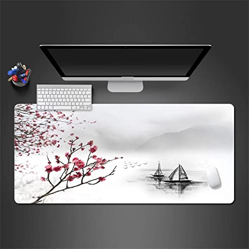 Tapis de Souris Gaming XXL 700x300x2mm Grand Tapis de Souris Gamer avec Surface Imperméable,Base Antidérapante en Caoutchouc,Tapis de Souris Extra Large pour Les Bureaux,PC Fleur de Bateau d'encre