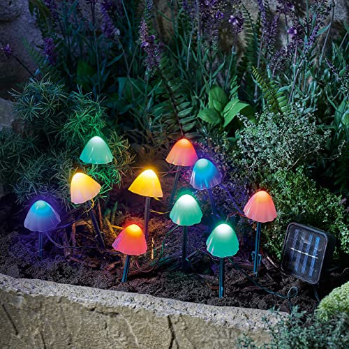 10 x Solar Mushroom Stake Lights – Water Resistant Solar Powered Multicoloured Outdoor Garden LED Lighting with Continuous or Flash Settings – Colourful Pathway, Flower Bed, Border, Lawn Decorations