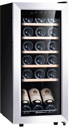 Kalamera Cave a vin, 18 bouteilles Cave à vin vieillissement, Écran tactile, Étagère en bois amovibles, Porte vitrée avec cadre en acier inoxydable, 51 litres, KRC-51FCSS