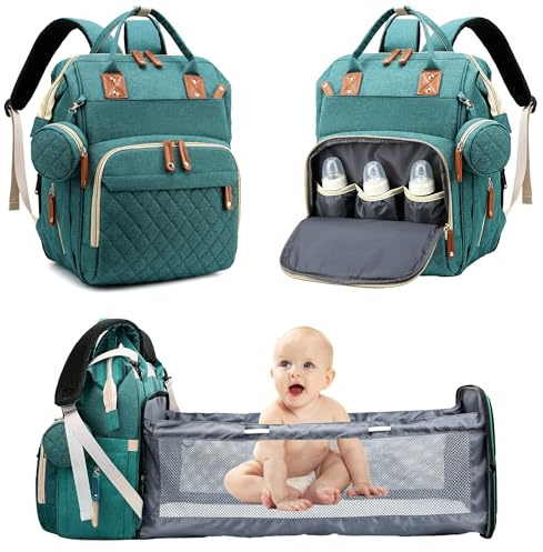 Fexkean Sac à Dos à Langer pour Bébé, Sac à Dos Pour lit bébé, Sac à langer de voyage portable avec lit pliable Grande Capacité Sac à Couches Multifonction Imperméable-(Green)