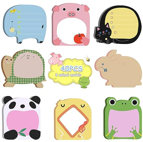 SPEPY 40 Pcs Cute Sticky Notes Set, Cartoon Animals Sticky Notes, Refrigerator Sticky Notes, for School, Office Memo, Party Bags Filler, Student Kids Gifts(8 Styles),Multicolor,8*5.4 cm/3.15*2.13 in
